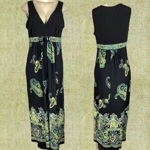Studio 1 12 Black-Green Paisley Print-V-Surplice Neckline Sleeveless Maxi Dress